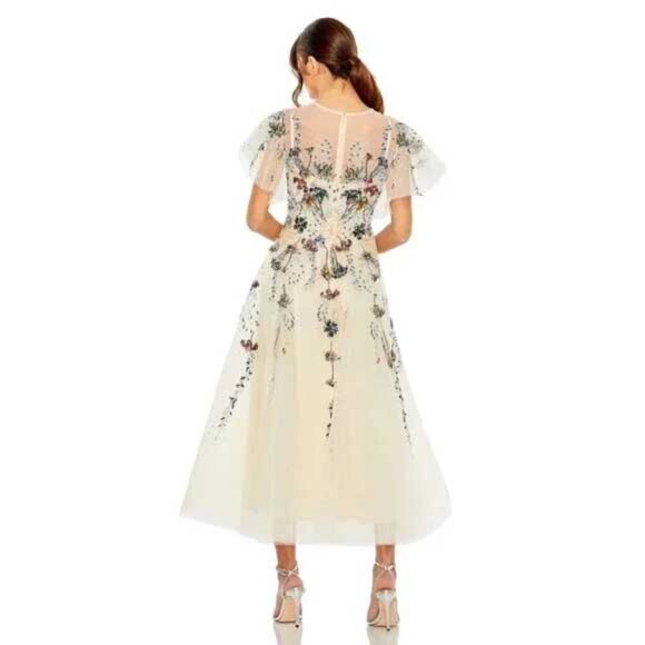 Mac Duggal 20510 Nude Flutter Sleeve High Neck Embellished Floral Dress Sz 6 - Picture 4 of 5